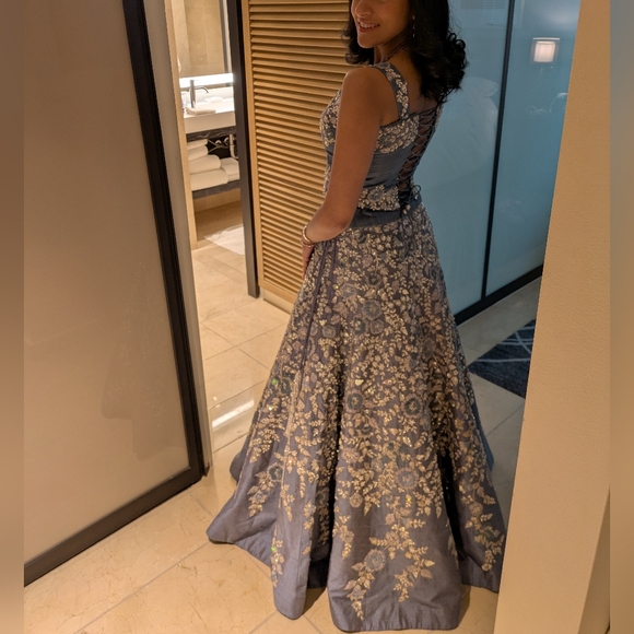 Luxurious Blue, Silver Floral Wedding Dress - Picture 3 of 13